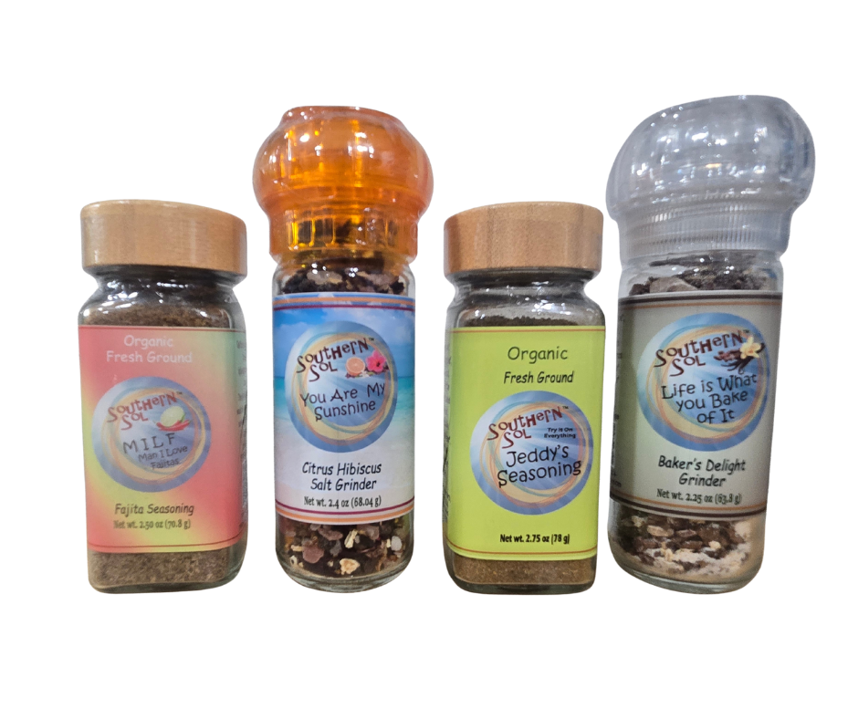 Four Southern Style & Spice seasoning containers on a white background