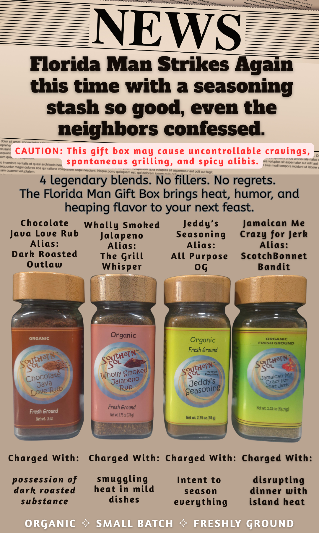 Advertisement for a seasoning gift box with four jars labeled 'Dark Roasted Outlaw', 'The Grill Whisper', 'All Purpose Og', and 'ScotchBonnet Bandit'.
