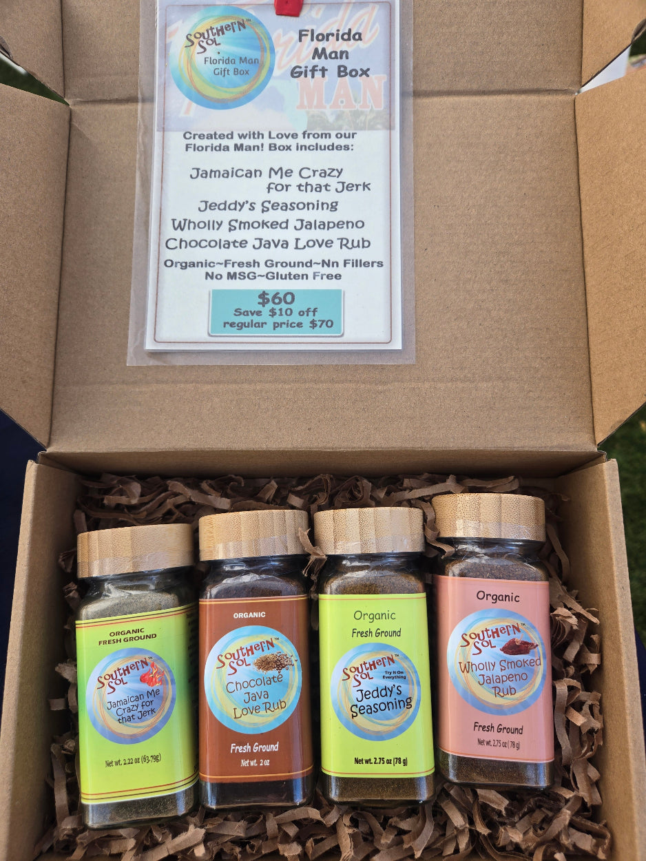 Florida Man southern sol gift box with spicy rubs and seasonings chipotle, jamaican and coffee