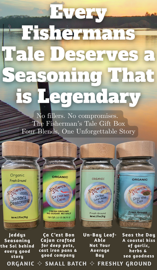 Four bottles of 'The Fisherman's Tale' seasoning with a scenic background.